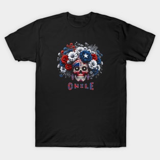 Santiago Chile Neon Sugar Skull Chilean Flag Style Graphic T-Shirt